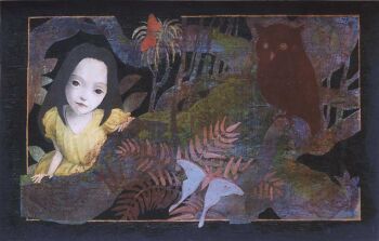 1girl bird black_background border bug butterfly child commentary english_commentary foliage insect lips luna_moth nose outside_border owl palm_tree sakuba snow_white_(fairy_tale) surreal tree