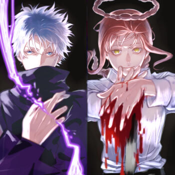 1boy 1girl absurdres black_background black_jacket black_necktie blood blue_eyes braid braided_ponytail brown_hair chainsaw_man closed_mouth collared_shirt crossed_fingers crossover dress_shirt electricity gojou_satoru hair_between_eyes halo hand_up hands_up high_collar highres jacket jujutsu_kaisen long_hair long_sleeves looking_at_viewer magic makima_(chainsaw_man) necktie ojou_(morimorimono) shirt short_hair sidelocks split_screen spoilers upper_body white_hair white_shirt yellow_eyes