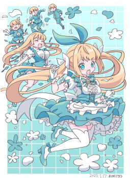 1boy 1girl alice's_adventures_in_wonderland blonde_hair blue_eyes blush bow dress genderswap genderswap_(mtf) gloves hair_bow highres open_mouth original running school_uniform sequential socks surprised transformation twintails white_gloves white_socks yoshida_gorou