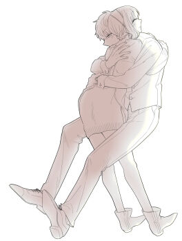 1boy 1girl ankle_boots boots closed_eyes closed_mouth commentary_request couple dress dress_shirt full_body greyscale hairband hands_on_another's_back hetero highres hug husband_and_wife invisible_chair leaning_forward monochrome nape_braid pants pointy_shoes profile shirt shoes short_hair simple_background sitting smile spy_x_family standing sunbo_zatta sweater sweater_dress twilight_(spy_x_family) white_background yor_briar