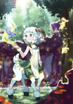 1girl afk_(series) afk_arena bird braid bright_pupils case-k centauroid commentary_request full_body green_eyes highres holding holding_polearm holding_weapon horns monster_girl nemora_(afk) outdoors polearm sheep_girl sheep_horns short_hair smile taur weapon white_hair white_pupils wristband