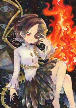 1girl artist_name asymmetrical_wings brown_hair brown_mask closed_mouth commentary dress eye_print fiery_wings half_mask highres iwanaga_ariya long_sleeves maa_(forsythia1729) mask mask_over_one_eye shirt skeletal_clothes skeletal_tail skeletal_wings smile solo tail touhou traditional_media twitter_username watermark white_shirt wings