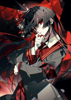 1girl absurdres armband black_hair black_shirt black_skirt chinese_commentary closed_mouth commentary_request cowboy_shot crown flower gloves hair_flower hair_ornament hand_up highres kurenaikiyumi long_hair long_sleeves looking_at_viewer mahou_shoujo_no_majo_saiban necktie nikaido_hiro red_armband red_background red_eyes red_flower red_necktie shirt skirt solo standing white_gloves