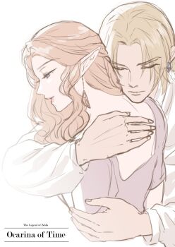 Rule 34 | 1boy, 1girl, blonde hair, closed eyes, collared shirt, couple, derivative work, dress, earrings, half-closed eyes, hetero, jewelry, kurokawa karasu, link, long hair, nintendo, parted bangs, pink dress, pointy ears, princess zelda, shirt, short hair, short sleeves, sidelocks, the legend of zelda, the legend of zelda: ocarina of time, titanic (movie), triforce, upper body, wavy hair, white background, white shirt