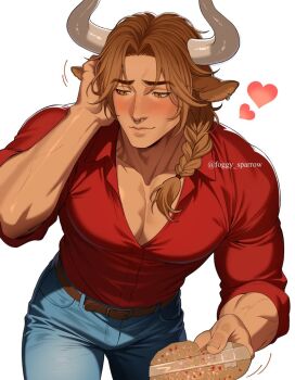 Rule 34 | 1boy, animal ears, arm up, belt, belt buckle, blue pants, blush, box, braid, brown belt, brown eyes, buckle, collared shirt, commentary, cow boy, cow ears, cowboy shot, denim, english commentary, foggy sparrow, heart, heart-shaped box, holding, holding box, horns, jeans, long hair, looking to the side, male focus, open collar, original, pants, parted hair, red shirt, shirt, sideways glance, simple background, single braid, solo, twitter username, valentine, white background