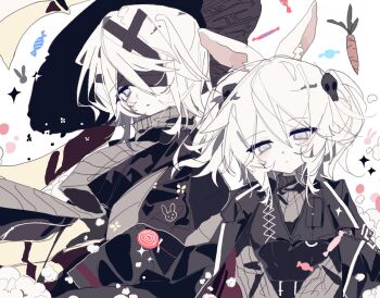 1girl animal_ears bandage_over_one_eye black_coat black_hat blonde_hair blue_eyes blush carrot coat empty_eyes faust_(project_moon) hair_ornament hat heishou_pack-mao_branch_(identity)_(project_moon) highres lemonail limbus_company looking_down multiple_views parted_lips project_moon rabbit_ears simple_background sketch skull_hair_ornament two_side_up white_background x_hair_ornament