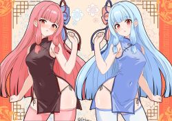 Rule 34 | 2girls, :o, arm at side, armpit crease, bare shoulders, black panties, blue bow, blue dress, blue hair, blush, bow, breasts, brown dress, china dress, chinese clothes, collared dress, contrapposto, covered navel, cowboy shot, dot nose, dress, hair bow, hair intakes, hand up, highres, kotonoha akane, kotonoha aoi, large breasts, legs apart, long bangs, long hair, looking at viewer, multiple girls, open mouth, panties, pelvic curtain, pillarboxed, pink hair, poke kuu, red bow, red eyes, siblings, side-by-side, side-tie panties, side slit, sidelocks, sisters, straight hair, twitter username, underwear, voiceroid