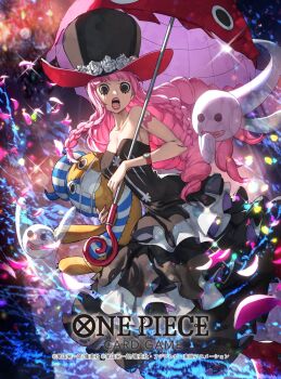 1girl arm_tattoo bare_shoulders black_dress black_eyes blunt_bangs braid commentary_request copyright_name dai-xt dress drill_hair falling_petals frilled_dress frills ghost hat highres holding holding_stuffed_toy holding_umbrella kumacy long_hair lower_eyelashes_only official_art one_piece one_piece_card_game open_mouth perona petals pink_hair pink_nails pink_petals sparkle stuffed_animal stuffed_toy tattoo umbrella watch white_dress wristwatch