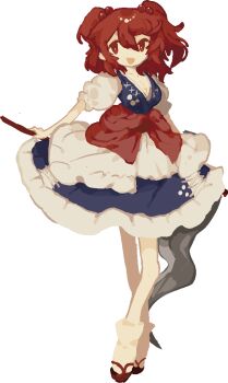 1girl :d blue_dress contrapposto dress full_body hashtag-only_commentary highres holding holding_scythe looking_at_viewer obi onozuka_komachi open_mouth pixel_art red_eyes red_hair red_shoes rrrssr sash scythe shoes short_hair short_sleeves smile socks solo touhou transparent_background two_side_up white_socks