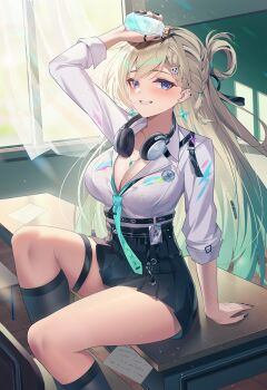 1girl absurdres aqua_hair arm_up black_nails black_skirt blonde_hair blue_eyes bottle bra_visible_through_clothes braid braided_bangs breasts classroom cleavage commentary desk earrings feet_out_of_frame fingernails gradient_hair hair_ornament headphones headphones_around_neck highres holding holding_bottle id_card indoors jewelry laosi_j large_breasts long_fingernails long_hair looking_at_viewer lynae_(wuthering_waves) multicolored_hair nail_polish necklace on_desk parted_lips school_desk shirt shirt_tucked_in sitting skirt skull_hair_ornament smile solo star_(symbol) star_earrings thigh_strap thighs very_long_hair white_shirt wuthering_waves