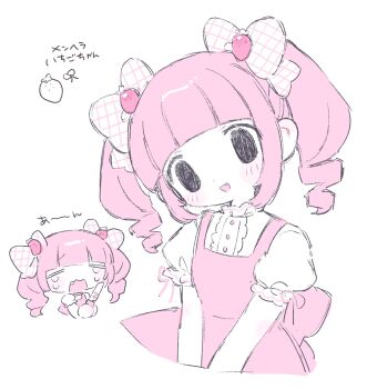 Rule 34 | 1girl, back bow, black eyes, blush stickers, bow, buttons, center frills, closed eyes, crying, daifukumc, dress, fang, food-themed hair ornament, frilled sleeves, frills, hair bow, hair ornament, highres, holding, holding knife, knife, low drills, multiple views, open mouth, original, pinafore dress, pink bow, pink hair, pink ribbon, pink theme, ribbon, shirt, simple background, sleeveless, sleeveless dress, smile, strawberry hair ornament, tareme, twintails, white background, white bow, white shirt