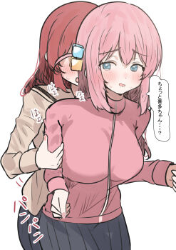 Rule 34 | 2girls, absurdres, blue eyes, blush, bocchi the rock!, brown shirt, commentary request, cube hair ornament, dry humping, gotoh hitori, grey skirt, hair ornament, highres, humping, jacket, kita ikuyo, long hair, multiple girls, open mouth, parted lips, pink hair, pink jacket, pleated skirt, school uniform, shirt, shuka high school uniform, simple background, skirt, speech bubble, sunya (honorin-yuunibo), sweat, track jacket, translation request, white background, yuri