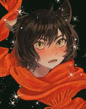 1girl animal_ears black_background black_hair blush bright_pupils brown_eyes cat_ears cat_girl choppy_bangs cropped_head dungeon_meshi fringe_trim highres izutsumi looking_at_viewer mismatched_animal_ear_colors red_scarf sasakura34 scarf short_hair simple_background skirt slit_pupils solo sparkle_background white_pupils