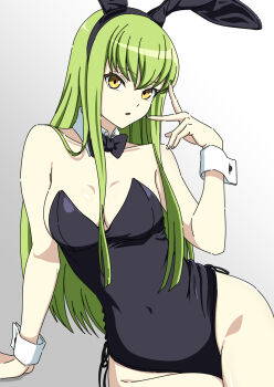 animal_ear_hairband animal_ears bakenokawa bikini black_bow black_bowtie black_leotard bow bowtie breasts c.c. code_geass covered_navel detached_collar fake_animal_ears green_hair hairband highres leotard long_hair medium_breasts pantyhose playboy_bunny rabbit_ears side-tie_bikini_bottom side-tie_leotard strapless strapless_leotard swimsuit wrist_cuffs yellow_eyes
