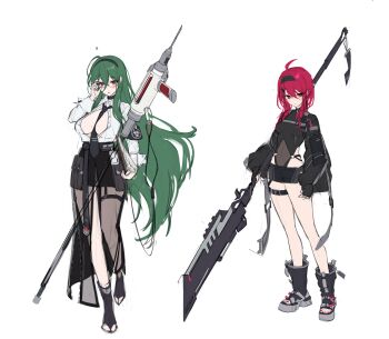 Rule 34 | 2girls, absurdres, ahoge, between breasts, black boots, black hairband, black necktie, black skirt, boots, breasts, commentary, fingerless gloves, full body, glaive (polearm), glasses, gloves, green hair, hairband, highres, holding, holding polearm, holding weapon, id card, lance, leotard, long hair, long sleeves, mika 030, multiple girls, naginata, necktie, open-toe boots, open clothes, original, polearm, red hair, see-through clothes, see-through skirt, shirt, shorts, simple background, sketch, skirt, spear, thigh strap, toeless legwear, very long hair, weapon, white background, white shirt