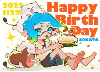 1girl 2025 anklet barefoot birthday_cake black_bra black_shorts blonde_hair blue_eyes blue_hair bra bra_peek cake candle closed_mouth commentary_request dated earclip eating eyebrow_cut feet food food_on_face fork full_body gradient_hair happy_birthday highres holding holding_fork holding_plate inari1369 inkling inkling_girl inkling_player_character jewelry looking_at_viewer multicolored_hair nintendo plate pointy_ears shirt short_hair short_sleeves shorts smile solo splatoon_(series) strawberry_cake t-shirt tentacle_hair torn_clothes torn_shirt two-tone_hair underwear utensil_in_mouth white_shirt