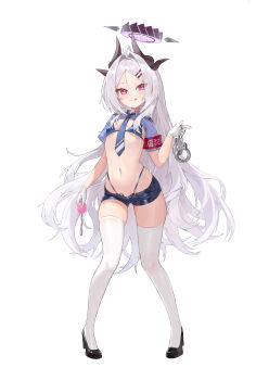 1girl :q absurdres alternate_costume armband bare_shoulders belt bikini bikini_under_clothes black_halo black_horns black_shoes black_shorts blue_archive blue_bikini blue_necktie blush breasts closed_mouth commentary_request crime_prevention_buzzer cuffs demon_girl demon_horns full_body gloves halo hand_up handcuffs highleg highleg_bikini highres hina_(blue_archive) holding holding_handcuffs horns juice_gukbap loli long_hair looking_at_viewer micro_shorts midriff missing_wings multiple_horns navel necktie open_clothes open_fly open_shorts police police_uniform policewoman red_armband revealing_clothes shoes shorts shrug_(clothing) simple_background small_breasts smile solo standing stomach swimsuit thighhighs thighs tongue tongue_out very_long_hair white_background white_gloves white_hair white_thighhighs zettai_ryouiki