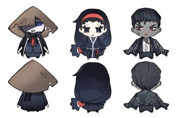 1girl 2boys :o aeng-du_(project_moon) bamboo-hatted_kim black_bow black_bowtie black_coat black_eyes black_hair black_jacket black_kimono black_pants black_suit blue_eyes bow bowtie coat coat_on_shoulders commentary_request dark-skinned_male dark_skin formal_clothes from_behind from_below glowing glowing_eyes hair_slicked_back hairband hat highres jacket japanese_clothes jingasa jun_(project_moon) kimono lapels limbus_company long_hair looking_at_viewer multiple_boys multiple_views necktie notched_lapels open_clothes open_coat open_jacket pants project_moon red_eyes red_hairband scar scar_across_eye scar_on_face shaded_face shoggoth_(sirens20211) short_hair standing suit suit_jacket torn_clothes torn_hat very_long_hair white_background