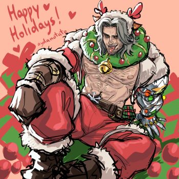 1boy abs absurdres animal_ears antlers artist_name aydanotato bell black_eyes boots brown_boots brown_gloves bucky_barnes candy candy_cane captain_america_(series) chest_hair christmas_wreath commentary deer_ears english_commentary english_text facial_hair fake_animal_ears fake_antlers food gloves grey_facial_hair grey_hair happy_holidays hat highres horns jacket male_focus marvel marvel_rivals muscular muscular_male nipples official_alternate_costume pants prosthesis prosthetic_arm red_background red_jacket red_pants reindeer_antlers santa_hat scar scar_across_eye scar_on_face short_hair sitting stomach_hair tongue tongue_out winter_soldier winter_soldier_(winter_buckaroo) wreath