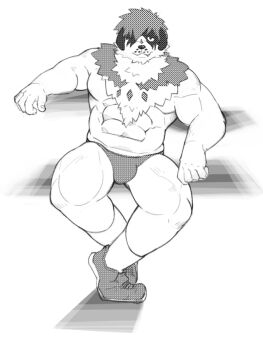 1boy abs bara bulge expressionless full_body furry furry_male greyscale hair_over_one_eye looking_at_viewer male_focus male_swimwear monochrome muscular muscular_legs muscular_male navel neck_fur pectorals ragi_san_(ononokomachiimo) shoes short_hair sitting sneakers socks solo stomach strongman_waist swim_briefs thighs tokyo_houkago_summoners topless_male unfinished