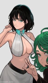 Rule 34 | 2girls, absurdres, armpit crease, artist name, black hair, bleach, bleach: sennen kessen-hen, breast envy, breasts, cleavage, cleavage cutout, closed mouth, clothing cutout, cosplay, female focus, fubuki (one-punch man), green eyes, green hair, highres, inoue orihime, inoue orihime (cosplay), large breasts, looking at viewer, matching hair/eyes, midriff, mogglebear, multiple girls, navel, one-punch man, short hair, siblings, simple background, sisters, sleeveless, smile, tatsumaki, twitter username, v, w, white background