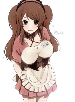 1girl :d absurdres apron asahina_mikuru brown_hair commentary_request dress highres kiri_pafe long_hair maid maid_apron maid_headdress multiple_girls official_alternate_costume official_alternate_hairstyle open_mouth pink_dress puffy_short_sleeves puffy_sleeves short_sleeves simple_background smile solo standing suzumiya_haruhi_no_yuuutsu thighs tongue twintails waist_apron white_background