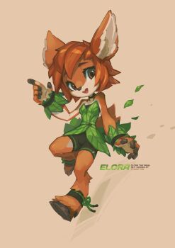 1girl 2024 absurdres animal_ears bike_shorts choker deer deer_ears deer_girl downturned_eyes dress elora_(spyro) falling_leaves faun floating furry furry_female head_tilt highres hooves krita_(medium) leaf leaf_dress looking_at_viewer open_mouth orange_fur orange_hair pointing pointing_up raised_inner_eyebrows short_dress simple_background sleeveless smile spyro_(series) string tareme tyson_tan wristband