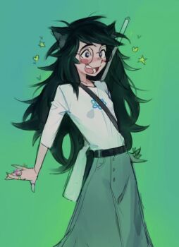 1girl 3443uiyciyur1 :d animal_ears belt colorful_strings dog_ears doros3n gun highres homestuck jade_harley lacryboy long_skirt non-web_source open_mouth round_eyewear shotgun skirt smile weapon