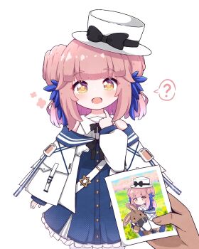 1boy 1girl ? aged_down arknights black_bow blush bow bowtie ceylon_(arknights) child dress hair_ornament happy hat hat_bow highres holding holding_photo long_sleeves looking_at_viewer medium_hair off_shoulder photo_(object) pink_hair pointing pointing_at_self rottenduck sidelocks simple_background smile speech_bubble spoken_question_mark standing star_(symbol) stuffed_animal stuffed_rabbit stuffed_toy top_hat white_background white_hat wide_sleeves yellow_eyes