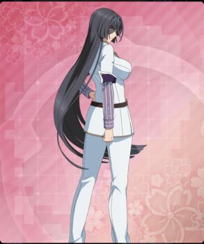 Rule 34 | 1girl, belt, black hair, blunt ends, breasts, brown belt, buttons, clenched hand, double-breasted, eyes visible through hair, feet out of frame, floral background, from behind, game cg, hair over one eye, hand on own hip, jacket, large breasts, layered sleeves, long hair, long sleeves, looking at viewer, looking to the side, official art, origami yukari, pants, pink background, pinstripe pattern, pinstripe shirt, profile, purple shirt, red eyes, shirt, short eyebrows, short sleeves, sideways glance, solo, straight hair, striped clothes, striped shirt, thick eyebrows, third-party source, toji no miko, toji no miko: kizamishi issen no tomoshibi, vertical-striped clothes, vertical-striped shirt, very long hair, white jacket, white pants