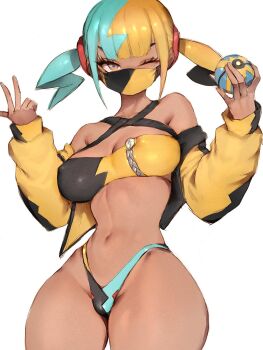 1girl aqua_hair bandeau blonde_hair breasts canari_(pokemon) cleavage covered_erect_nipples criss-cross_halter crop_top fumio_(rsqkr) halterneck highres holding holding_poke_ball jacket large_breasts looking_at_viewer mask midriff mouth_mask multicolored_hair narrow_waist navel nintendo poke_ball pokemon pokemon_legends:_z-a quick_ball short_twintails simple_background solo split-color_hair stomach strapless thick_thighs thighs twintails two-tone_hair white_background wide_hips yellow_bandeau yellow_jacket