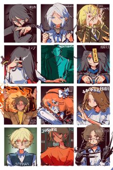 6+boys 6+girls absurdres black_hair blue_eyes bow chainsaw cosplay don_quixote_(project_moon) dress edward_scissorhands edward_scissorhands_(character) edward_scissorhands_(character)_(cosplay) faust_(project_moon) flower frankenstein gregor_(project_moon) hair_bow hand_eye hands_up head_wreath heathcliff_(project_moon) highres holding holding_screwdriver holding_wrench hong_lu_(project_moon) ishmael_(project_moon) jiangshi jigsaw_(character) jigsaw_(character)_(cosplay) kongtiao1111111 lab_coat limbus_company long_hair meursault_(project_moon) mr._vampire multiple_boys multiple_girls nosferatu open_mouth orange_hair orphan_(movie) outis_(project_moon) pan&#039;s_labyrinth project_moon red_eyes rodion_(project_moon) ryoshu_(project_moon) saw_(movie) screwdriver shirt sinclair_(project_moon) smile suspiria the_ring the_wicker_man train_to_busan very_long_hair victor_frankenstein victor_frankenstein_(cosplay) viy_(movie) white_bow white_dress white_flower white_hair white_shirt wrench yamamura_sadako yamamura_sadako_(cosplay) yi_sang_(project_moon)