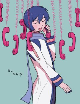 1boy blue_background blue_hair cable closed_eyes coat commentary_request from_side fuyuno_(ramentaro23) highres holding holding_phone kaito_(vocaloid) long_sleeves male_focus nail_polish open_mouth phone scarf short_hair smile solo translation_request vocaloid