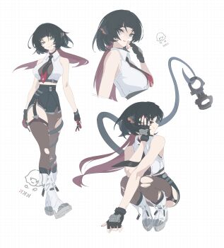 1girl absurdres animal_ears bare_shoulders black_hair black_pantyhose black_shorts black_thighhighs blue_hair boots cuffs fingerless_gloves from_side gloves hand_on_own_face handcuffs high-waist_shorts highres jane_doe_(zenless_zone_zero) long_tail looking_at_viewer looking_to_the_side mouse_ears mouse_girl mouse_tail necktie pantyhose red_nails see-through_clothes sharp_tail shirt shorts single_leg_pantyhose single_thighhigh smile solo tail tail_around_own_leg teeth thighhighs torn_clothes torn_pantyhose torn_thighhighs two-tone_necktie user_pdax4758 white_background white_boots white_shirt zenless_zone_zero