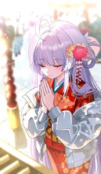 1girl absurdres ahoge closed_eyes flower glaring hair_flower hair_ornament hair_rings hashtag-only_commentary highres jacket japanese_clothes n_ae own_hands_together palms_together praying purple_hair sash solo stellive sun_glare tenko_shibuki virtual_youtuber white_hair white_jacket