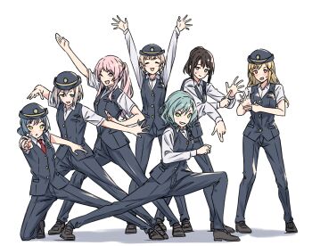 6+girls :3 =_= absurdres aoba_moca aqua_hair arm_up arms_up asahi_rokka bang_dream! bang_dream!_it&#039;s_mygo!!!!! black_hair black_hat black_pants black_vest blue_eyes blue_hair braid braided_hair_rings brown_hair bush chihaya_anon commentary green_eyes grey_eyes grey_hair hair_between_eyes hair_ornament hair_rings hat highres hikawa_hina hiromachi_nanami ichigaya_arisa japan_railways kanade_(kanade_3344) long_hair long_sleeves looking_at_another medium_hair multiple_girls necktie okusawa_misaki one_eye_closed open_mouth pants ponytail red_necktie ressha_sentai_toqger shirt short_hair short_sleeves side_braids simple_background super_sentai sweatdrop vest white_background white_shirt x_hair_ornament