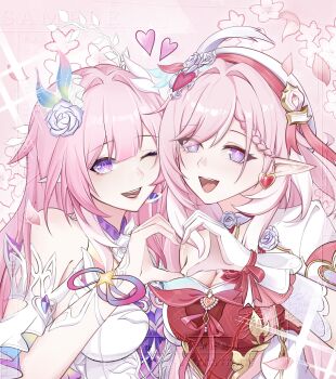 2girls ;o absurdres beret breasts chinese_commentary cleavage color_connection commentary_request commission company_connection cyrene_(honkai:_star_rail) cyrene_(ripples_of_past_reverie)_(honkai:_star_rail) diamond-shaped_pupils diamond_(shape) dress earrings elf elysia_(hi_love_elf)_(honkai_impact) elysia_(honkai_impact) hair_color_connection halo hat heart heart_earrings heart_hands heart_hands_duo highres honkai:_star_rail honkai_(series) honkai_impact_3rd inoue_marina jewelry lanyi131 large_breasts long_hair looking_at_viewer multicolored_hair multiple_girls one_eye_closed pink_background pink_hair pointy_ears purple_eyes red_dress smile symbol-shaped_pupils two-tone_hair very_long_hair voice_actor_connection white_dress white_hair yanning