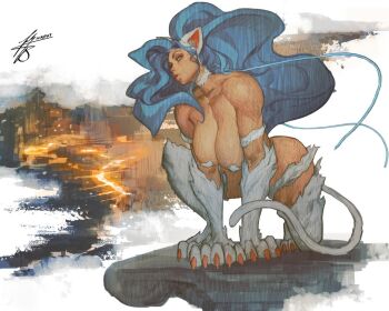 1girl animal_ears bare_shoulders blue_hair breasts cat_ears cat_girl cat_tail dark-skinned_female dark_skin darkstalkers felicia_(darkstalkers) hanging_breasts ickpot large_breasts lips long_hair monster_girl muscular muscular_arms muscular_female muscular_legs sagging_breasts tail thick_thighs thighs very_long_hair white_fur