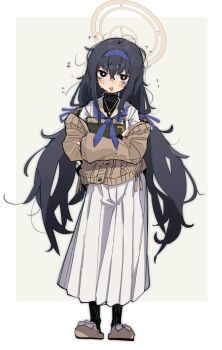 1girl black_eyes black_hair black_socks blue_archive blue_hairband blush_stickers book brown_cardigan cardigan commentary_request flying_sweatdrops full_body hairband halo holding holding_book jewelry long_hair long_skirt nervous_smile open_mouth pegina pendant school_uniform simple_background skirt smile socks solo standing sweatdrop ui_(blue_archive) white_skirt
