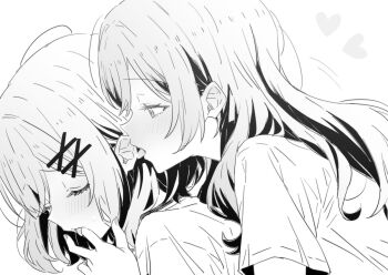 2girls amaori_renako blush commentary ear_licking finger_in_another's_mouth greyscale hair_ornament jacket licking long_hair lwmina70119 monochrome multiple_girls sena_ajisai shirt short-sleeved_jacket short_sleeves watashi_ga_koibito_ni_nareru_wake_naijan_murimuri! x_hair_ornament yuri