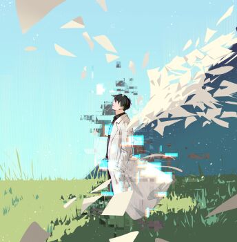 1boy black_hair black_shirt blue_sky clear_sky coat collared_shirt commentary_request day distortion fake_wings flying_paper from_side full_body glitch_art hands_in_pockets highres kim_dokja male_focus mountainous_horizon omniscient_reader&#039;s_viewpoint open_clothes open_coat paper sanjinmogufufu shirt short_hair sky solo standing variant_set white_coat wind wings