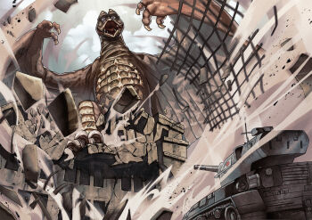 Rule 34 | browning m2, building, day, destruction, dust, epic, godzilla (series), gun, heavy machine gun, highres, japan ground self-defense force, japan self-defense force, japanese flag, kaiju, m24 chaffee, machine gun, military, military vehicle, motor vehicle, no humans, pteranodon, pterosaur, rodan, rodan (movie), tank, toho, weapon, wings, yagi2013