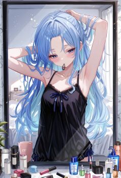 1girl arm_behind_head armpits arms_up bare_arms bedroom black_camisole blue_eyes blue_hair camisole colored_inner_hair cosmetics double-parted_bangs flat_chest hair_between_eyes hair_tie_in_mouth highres hololive hoshimachi_suisei indoors lace-trimmed_camisole lace_trim lipstick_tube looking_at_viewer messy_hair mirror morning mouth_hold multicolored_hair reflection reflection_focus revision sa-ya2 sidelocks solo virtual_youtuber