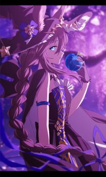 1girl absurdres ambience_synesthesia amiya_(arknights) amiya_(medic)_(arknights) amiya_(medic)_(solo_around_the_world)_(arknights) animal_ears apple arknights black_dress blue_apple blue_eyes braid brown_hair cape chinese_commentary commentary_request dress dusk_ming ears_through_headwear erune food from_side fruit gloves hair_between_eyes hat highres holding holding_food holding_fruit letterboxed long_hair looking_at_viewer official_alternate_costume profile rabbit_ears sitting sleeveless sleeveless_dress solo stairs very_long_hair witch witch_hat