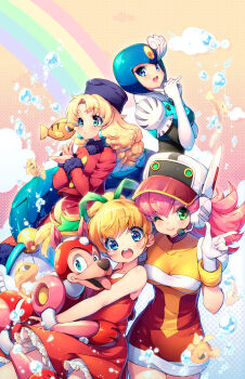 blue_eyes breasts bubble fish happy hat highres kalinka_cossack_(mega_man) medium_breasts mega_man_(classic) mega_man_(series) mermaid monster_girl official_art one_eye_closed open_mouth pink_hair plum_(mega_man) roll_(mega_man) rush_(mega_man) smile splash_woman wink
