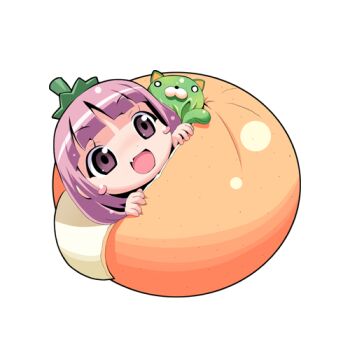 1girl 2000s_(style) :d blunt_bangs blush_stickers chibi chibi_only commentary_request fang food fruit in_food lowres mandarin_orange open_mouth original pink_hair purple_eyes simple_background smile solo stuffed_animal stuffed_cat stuffed_toy toromi_(toromix2) transparent_background