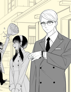 1girl 2boys ^_^ bouquet brother_and_sister building buttons checking_watch closed_eyes closed_mouth coat collared_shirt commentary_request double-breasted dress_shoes earrings flower formal_clothes glasses greyscale hairband highres holding holding_bouquet jacket jewelry lapel_pin lapels long_sidelocks long_sleeves monochrome multiple_boys necktie open_clothes open_coat open_mouth outdoors over-rim_eyewear pants parted_bangs pointy_shoes polka_dot_necktie profile semi-rimless_eyewear shirt shoes short_hair short_hair_with_long_locks siblings sidelocks smile spy_x_family standing suit sunbo_zatta twilight_(spy_x_family) urban v_arms very_short_hair walking yor_briar yuri_briar