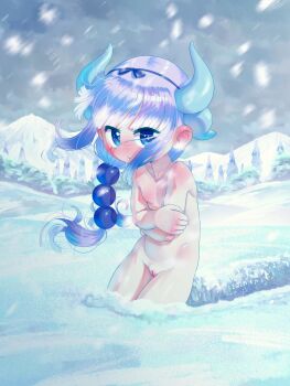 1girl black_bow black_hairband blue_eyes bow bow_hairband cleft_of_venus cold collarbone completely_nude cowboy_shot crossed_arms dragon_girl dragon_horns female_focus flat_chest hair_bobbles hair_ornament hairband highres horns kanna_kamui kobayashi-san_chi_no_maidragon lewlem loli long_hair looking_at_viewer nipples nude outdoors purple_hair pussy snow snowing solo uncensored white_horns