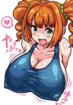 1girl absurdres alternate_breast_size_(larger) breasts collarbone covered_erect_nipples green_eyes gussuripii heart highres huge_breasts idolmaster idolmaster_(classic) looking_at_viewer open_mouth orange_hair school_swimsuit simple_background smile solo spoken_heart swimsuit takatsuki_yayoi twintails white_background