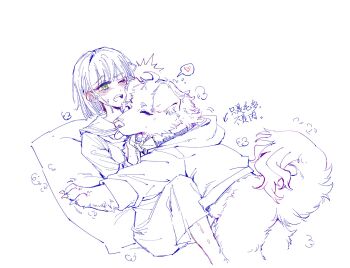 Rule 34 | 1girl, ^^^, ^ ^, animal, animalization, anyoji hime, arrow (symbol), blue theme, blunt bangs, blunt ends, bob cut, chinese text, closed eyes, clothed animal, commentary, dog, dress, green eyes, hasu no sora school uniform, heart, highres, hood, hooded jacket, jacket, link! like! love live!, looking at animal, love live!, medium dress, momose ginko, monochrome, neckerchief, pleated dress, sailor collar, sailor dress, school uniform, short hair, simple background, spoken heart, spot color, symbol-only commentary, teeth, tongue, tongue out, translation request, upper teeth only, virtual youtuber, white background, winter uniform, yrxy settingsun